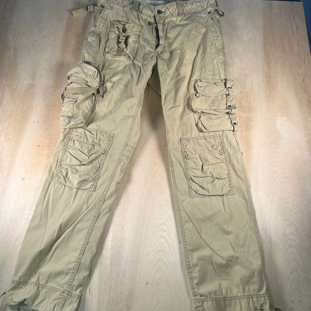 Polo Ralph Lauren Mens Y2K Paratrooper Cargo Pants Khaki Tan Cotton 36x34